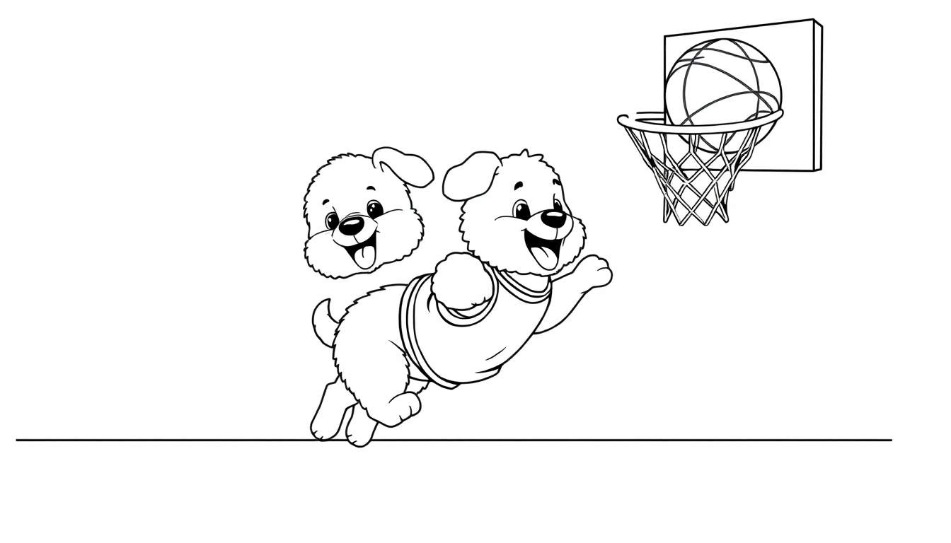 Un perrito jugador de baloncesto con una placa de color listo para jugar.