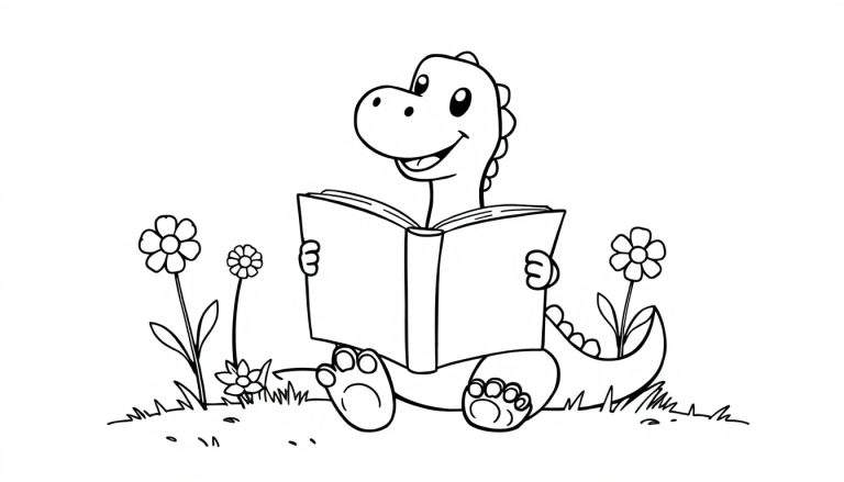 Placa de color de un dinosaurio leyendo un libro en la hierba.