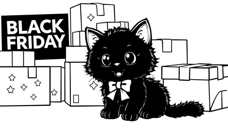 Gatito negro con lazo rojo en una placa de color, listo para el Black Friday.