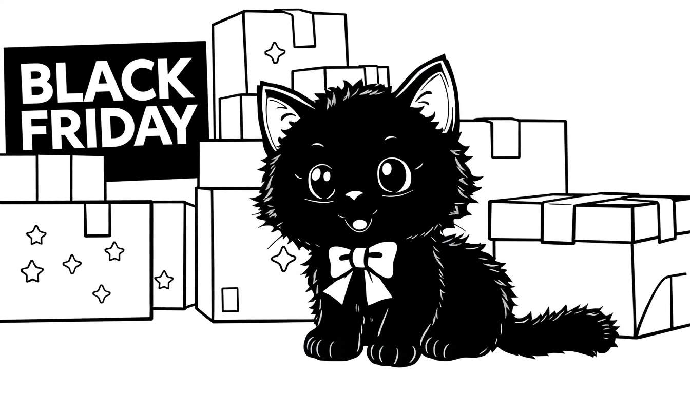 Gatito negro con lazo rojo en una placa de color, listo para el Black Friday.