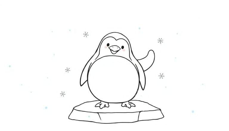 Placa de color de un pingüino amigable saludando desde un bloque de hielo.