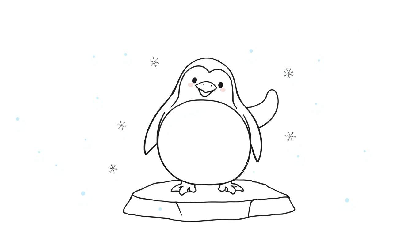 Placa de color de un pingüino amigable saludando desde un bloque de hielo.