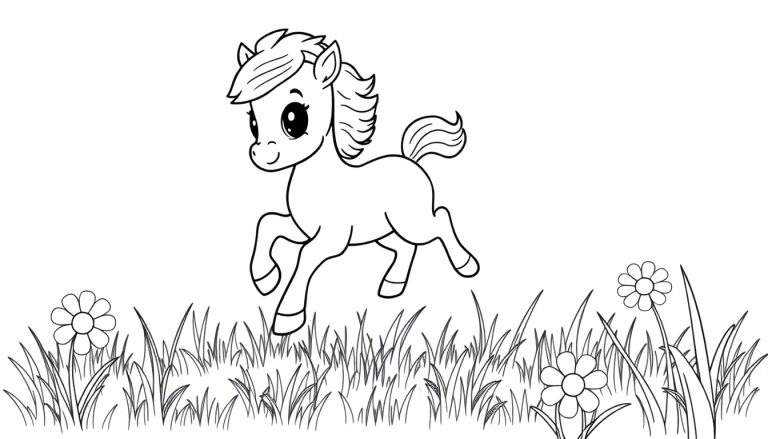 Un lindo potrillo de dibujos animados saltando alegremente en un prado lleno de hierba y margaritas, listo para ser coloreado en esta placa de color.
