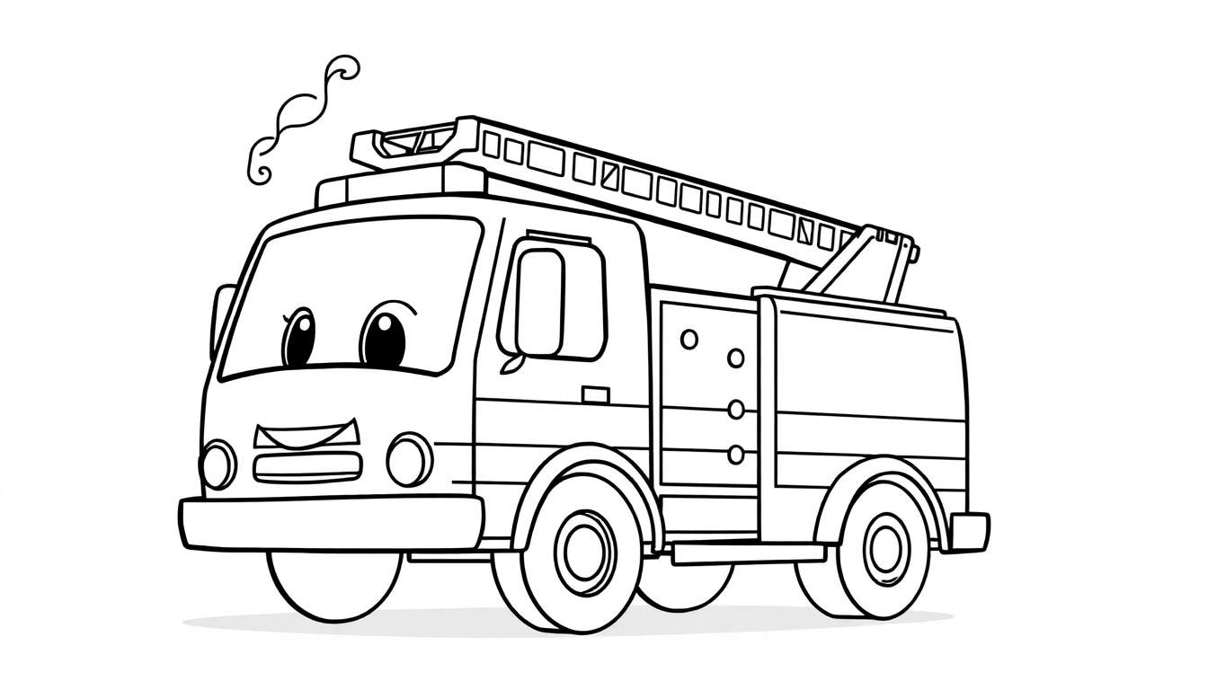 Un dibujo de un camión de bomberos sonriente listo para la acción, con líneas gruesas para colorear. Es un diseño en blanco y negro con humo saliendo de la parte superior y una escalera extensible. La placa de color está lista para ser completada.