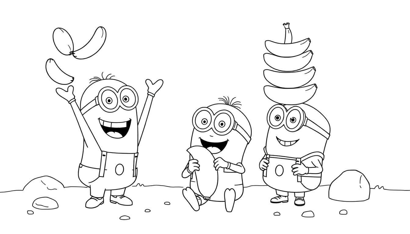 Página para colorear de Minions jugando con plátanos, con un Minion lanzando plátanos, otro comiendo un plátano y uno equilibrando plátanos en su cabeza.