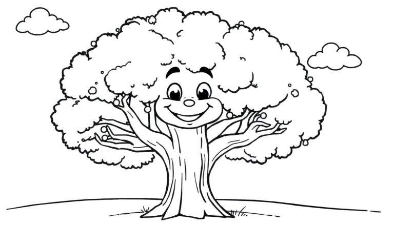 Placa de color de un árbol sonriente con frutas y nubes.
