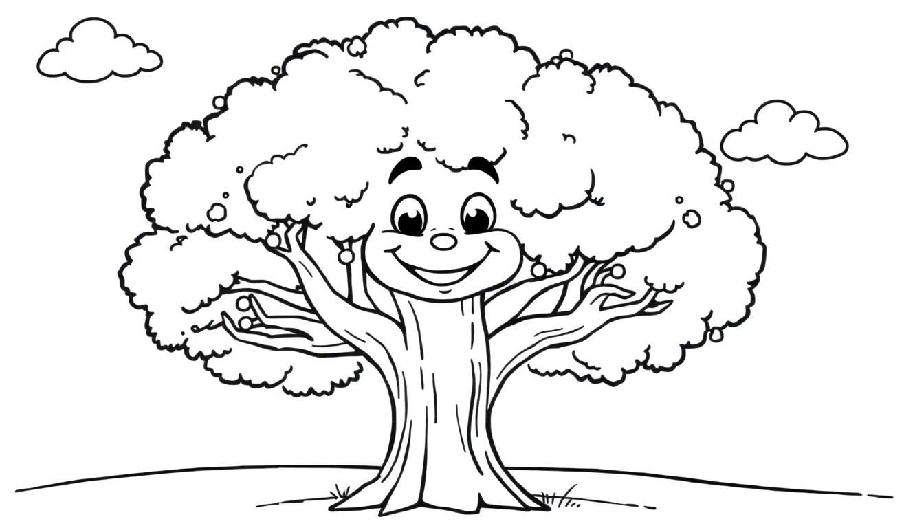 Placa de color de un árbol sonriente con frutas y nubes.