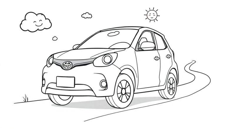 Un coche Toyota blanco de dibujos animados listo para pintar, con una nube sonriente y un sol sonriente en el cielo. Un coche con placa de color.