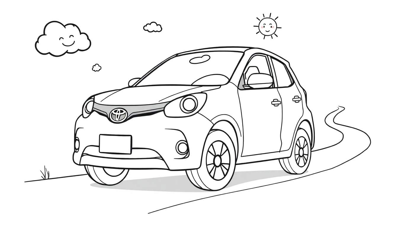 Un coche Toyota blanco de dibujos animados listo para pintar, con una nube sonriente y un sol sonriente en el cielo. Un coche con placa de color.