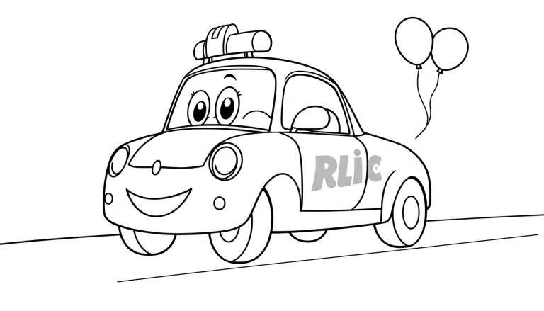 Coche de policía de dibujos animados en blanco y negro, listo para colorear, con una placa de color en la puerta.