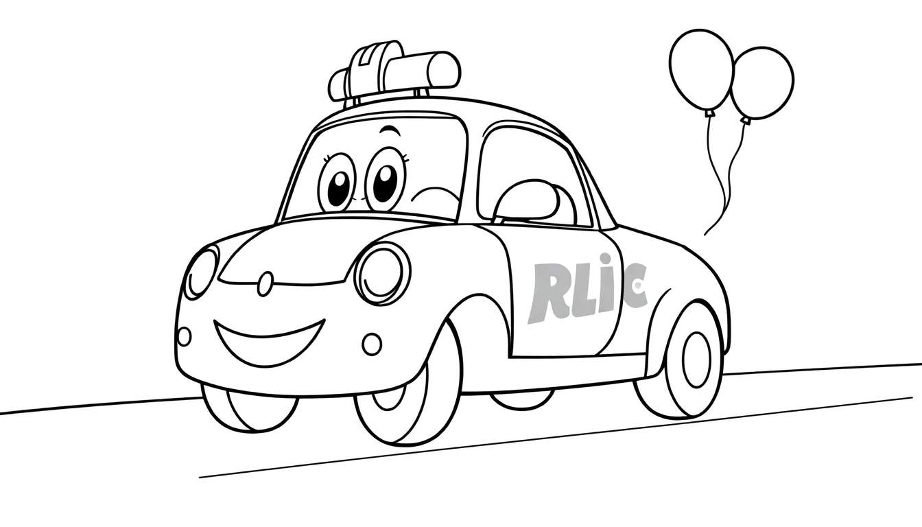 Coche de policía de dibujos animados en blanco y negro, listo para colorear, con una placa de color en la puerta.