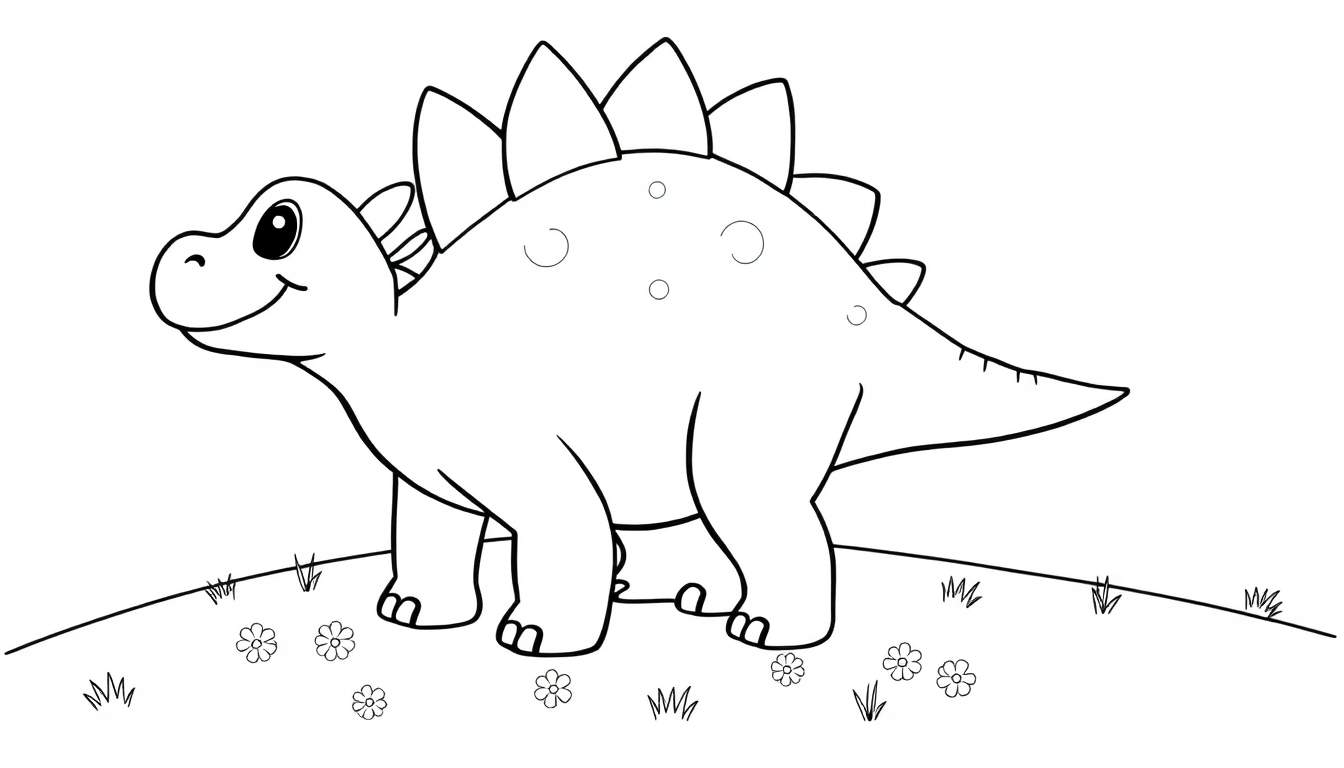 Un estegosaurio sonriente con sus características placas dorsales y una cola con púas, listo para ser coloreado.