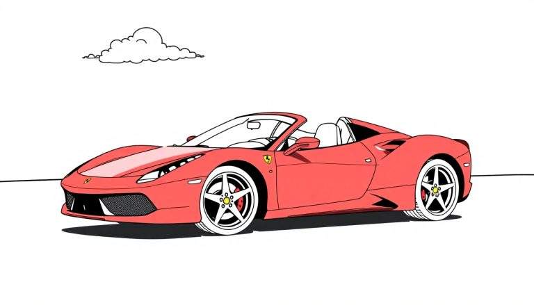 Un Ferrari rojo listo para pintar, con contornos negros gruesos y un cielo azul con una nube sonriente. Placa de color.