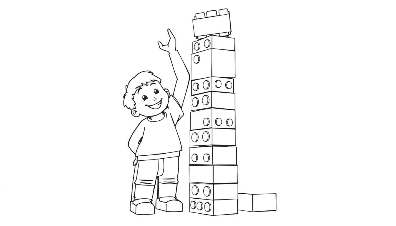 Placa de color de un niño feliz con una torre de LEGO alta.