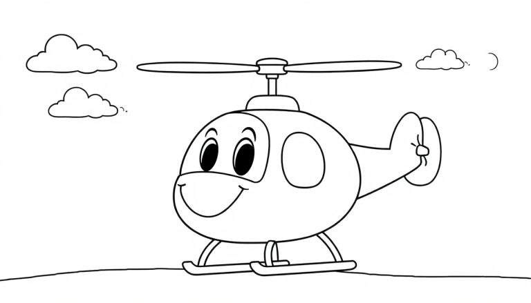 Un helicóptero de dibujos animados con cara sonriente, listo para volar, sobre una placa para colorear.