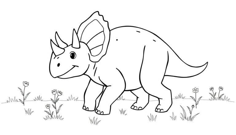 Placa de color de un Triceratops amigable con cuernos y un volante, caminando entre flores.