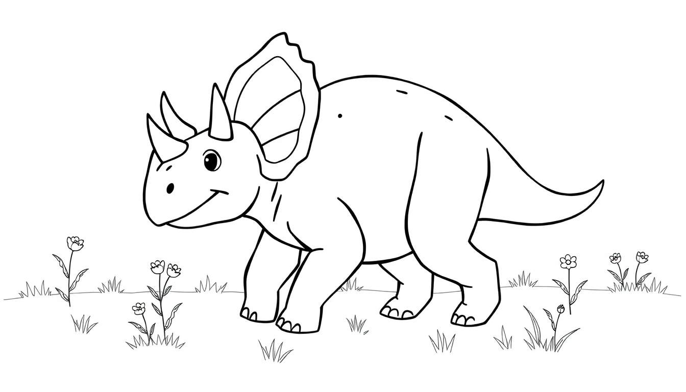 Placa de color de un Triceratops amigable con cuernos y un volante, caminando entre flores.