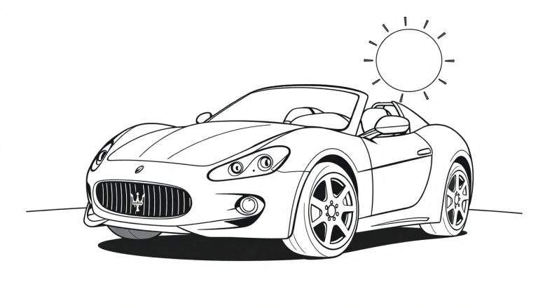 Un coche deportivo descapotable blanco y negro listo para colorear, con líneas limpias y un sol dibujado en la esquina.