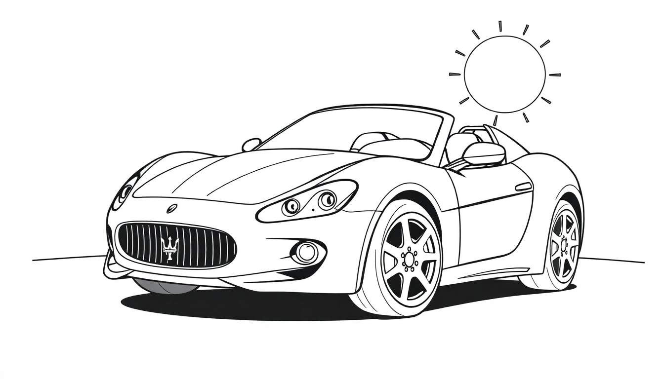 Un coche deportivo descapotable blanco y negro listo para colorear, con líneas limpias y un sol dibujado en la esquina.