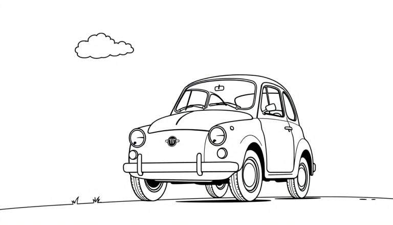 Un coche retro tipo Fiat 600 listo para colorear, con una nube divertida encima y hierba al frente.