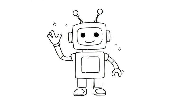 Robot amigable para colorear, con cabeza y cuerpo cuadrados, antenas y estrellas de la placa de color.