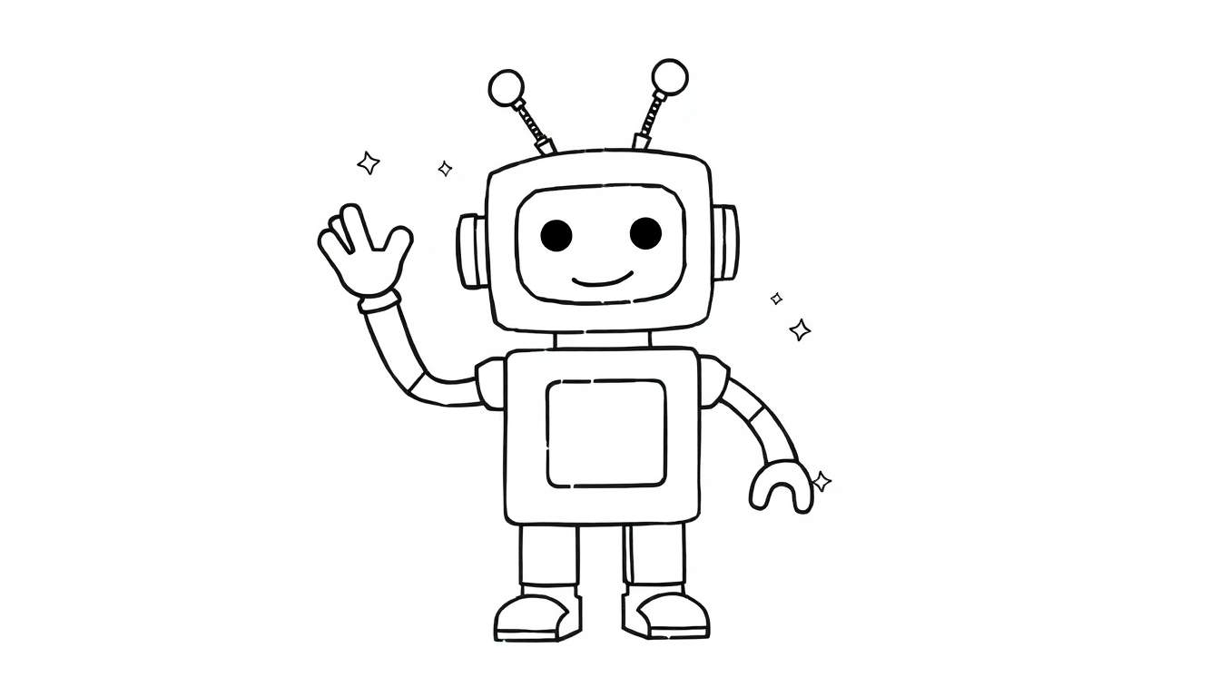 Robot amigable para colorear, con cabeza y cuerpo cuadrados, antenas y estrellas de la placa de color.