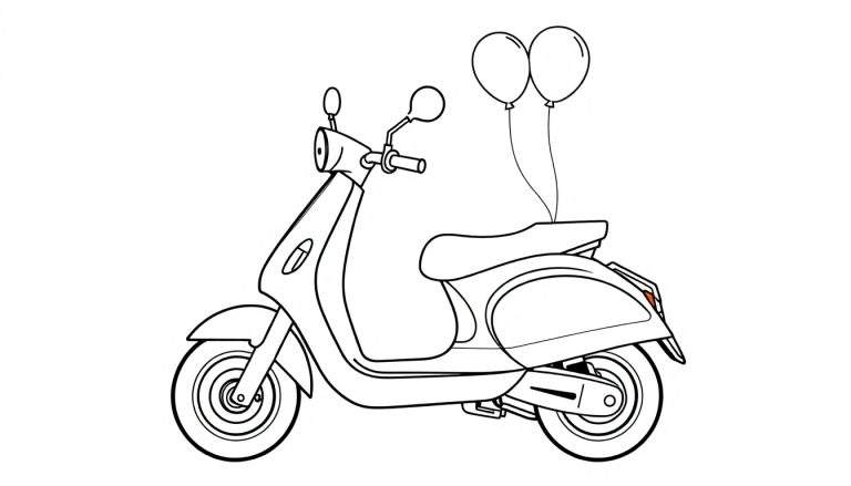 Un dibujo lineal de un scooter con dos globos atados a la placa de color del asiento.