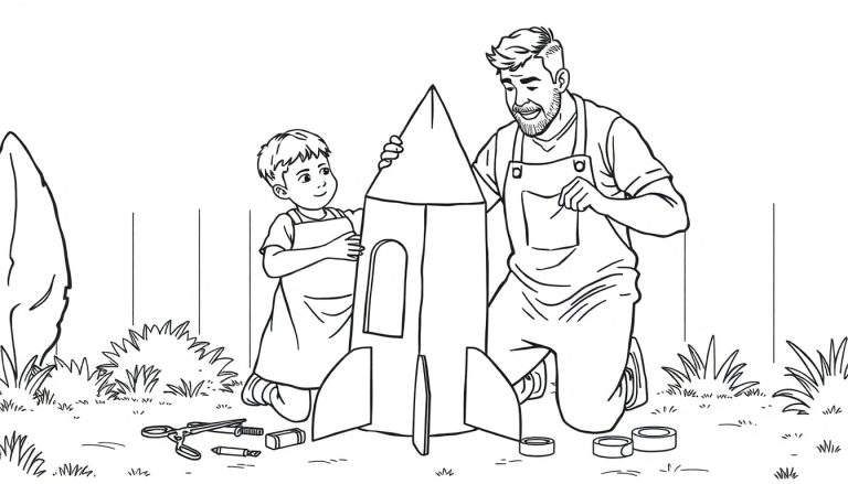 Papá y su hijo construyendo un cohete de cartón en un jardín, con herramientas en el suelo.