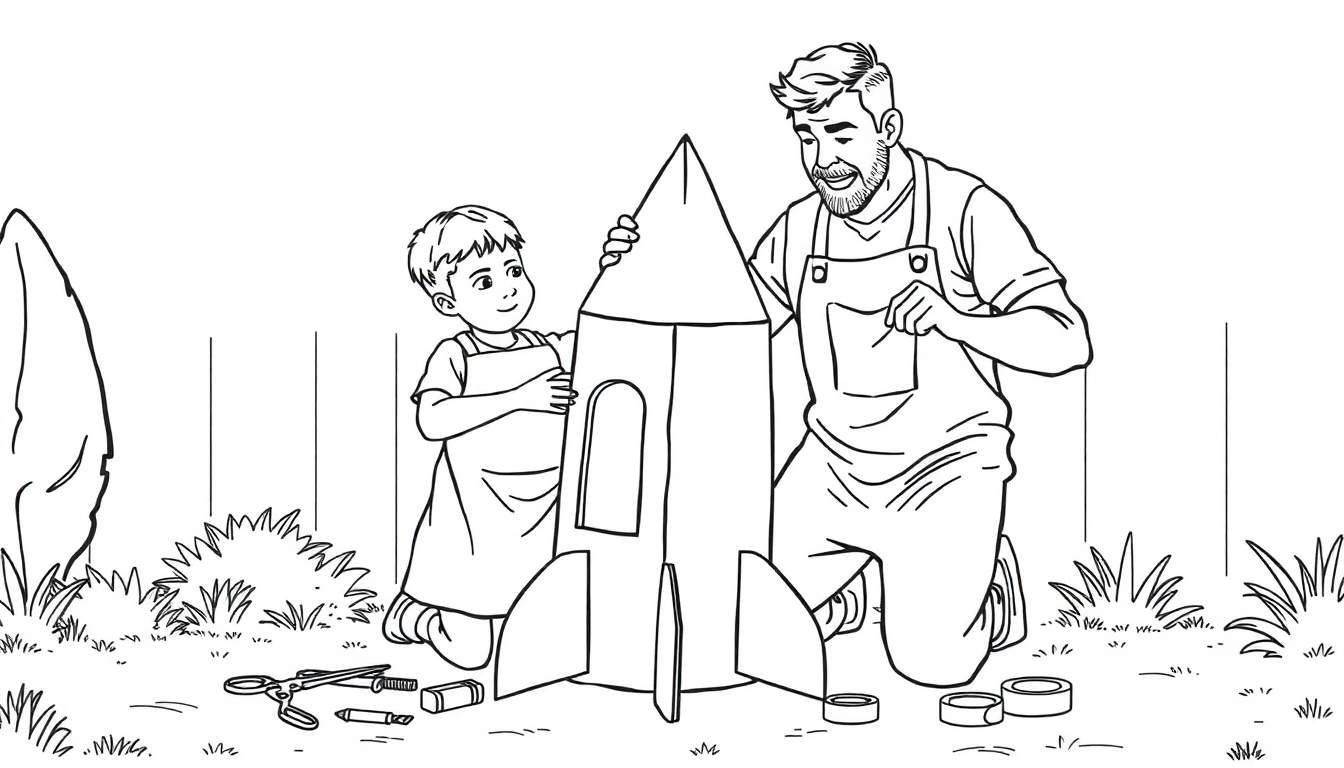 Papá y su hijo construyendo un cohete de cartón en un jardín, con herramientas en el suelo.