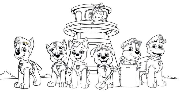 La Patrulla Canina, Chase, Marshall, Skye, Rubble, Zuma y Rocky, posan frente a la torre de control, listos para ser coloreados.