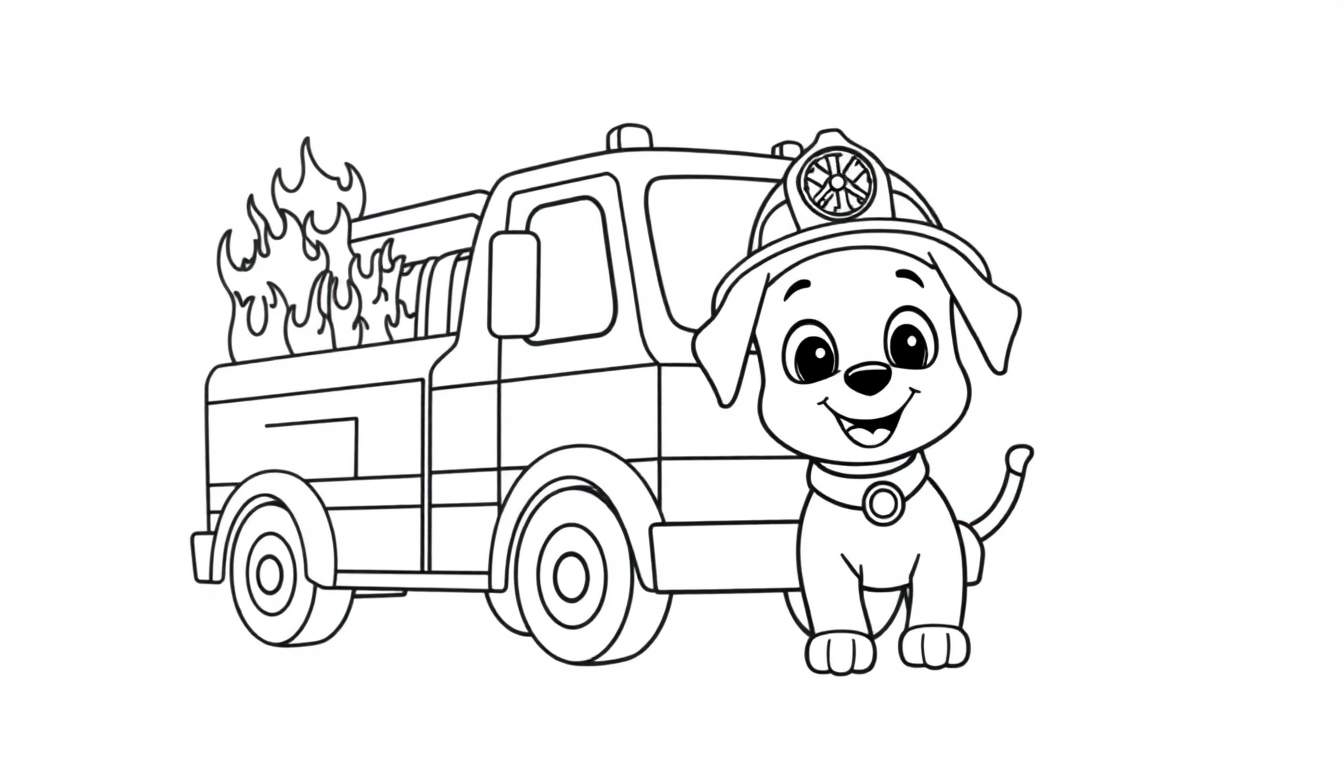 Un cachorro bombero con casco junto a un camión de bomberos en una placa de color.