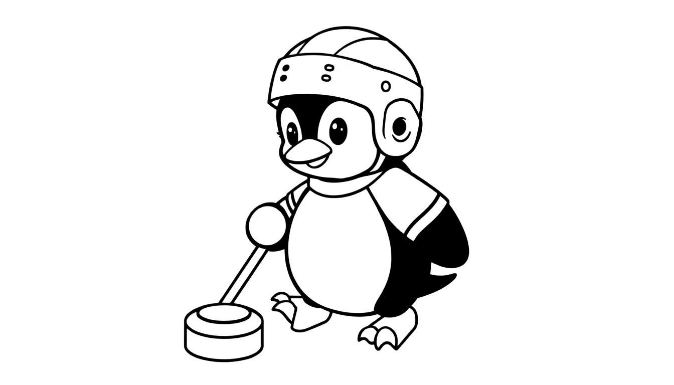 Pingüino jugador de hockey listo para la acción, página para colorear de esta placa de color.