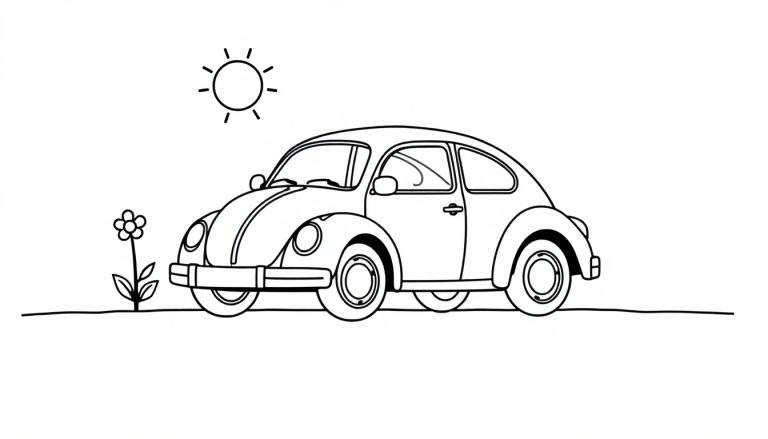 Placa de color de un Volkswagen Beetle clásico con un sol y una flor.
