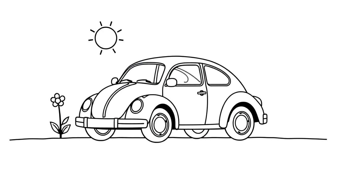Placa de color de un Volkswagen Beetle clásico con un sol y una flor.