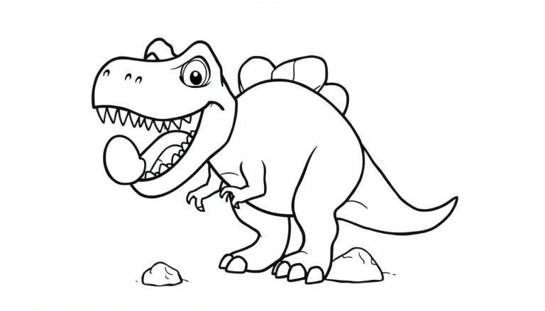 Un dibujo lineal de un Tiranosaurio Rex amigable con grandes dientes, una lengua saliendo y una hilera de tres placas en su espalda, sosteniendo una roca.
