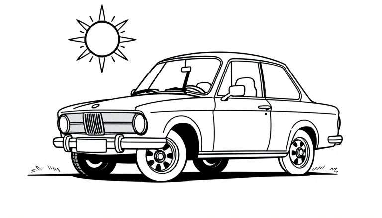 Un coche de dibujos animados clásico de dos puertas bajo un sol brillante, listo para colorear.