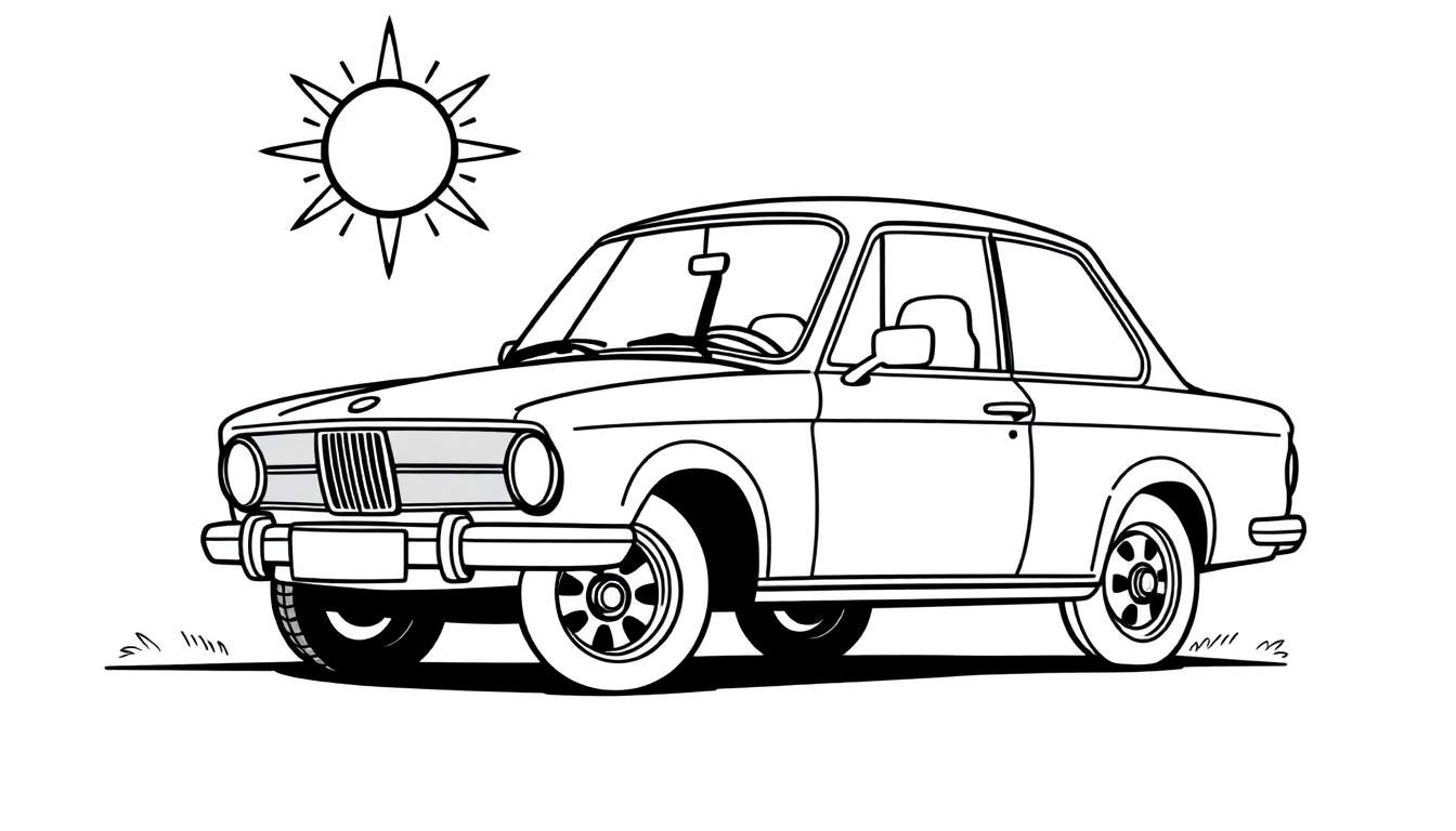 Un coche de dibujos animados clásico de dos puertas bajo un sol brillante, listo para colorear.
