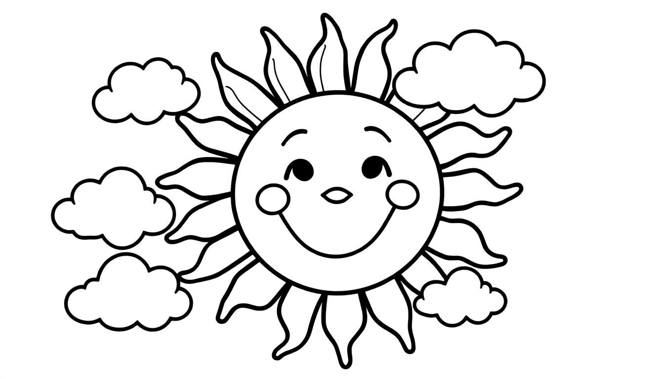 Placa de color de un sol sonriente con rayos en forma de hoja y nubes amigables.