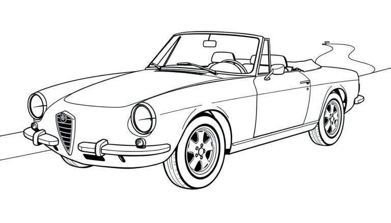 Un coche Alfa Romeo clásico blanco y negro con su placa de color dibujada.
