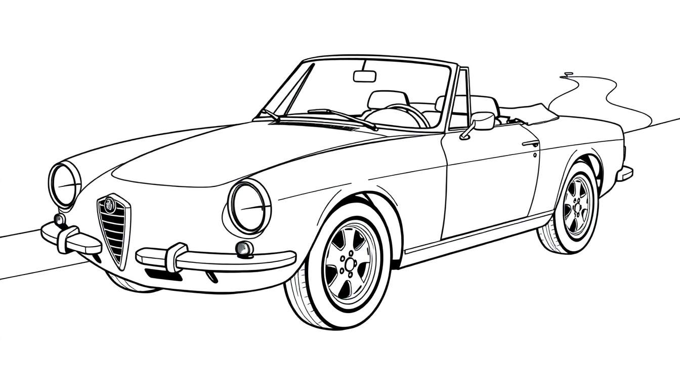 Un coche Alfa Romeo clásico blanco y negro con su placa de color dibujada.