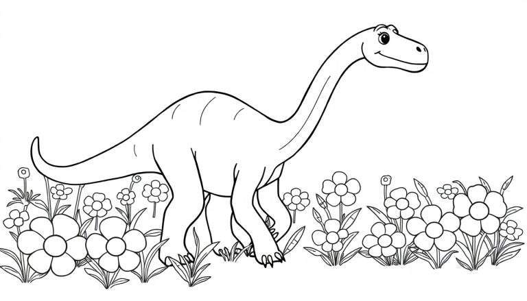 Una placa de color de un Diplodocus amigable con flores.