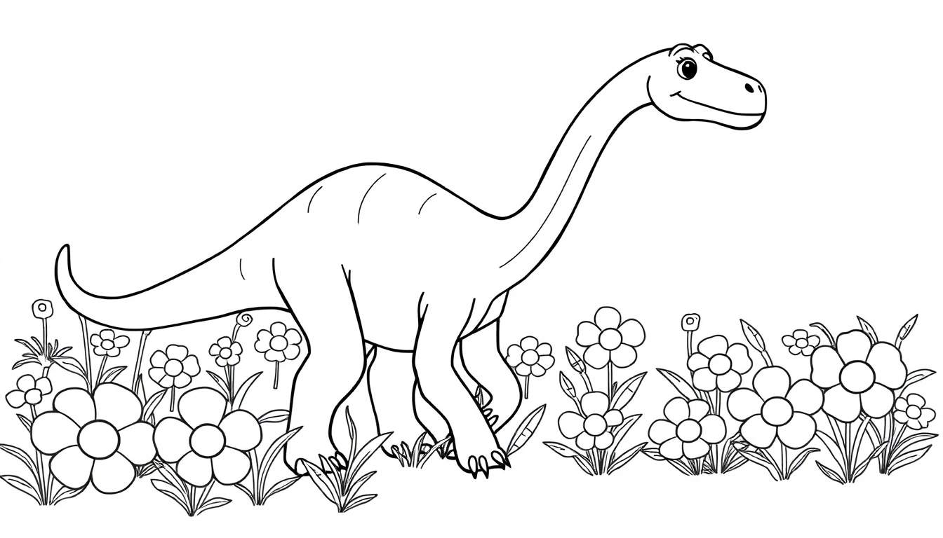 Una placa de color de un Diplodocus amigable con flores.