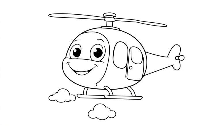 Placa de color de un helicóptero amigable con cara sonriente.