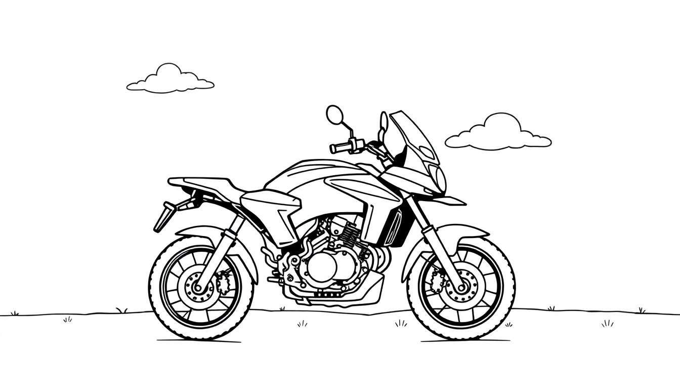 Motocicleta de aventura lista para colorear, un dibujo lineal simple con un campo y nubes de dibujos animados, invitando a añadir color.