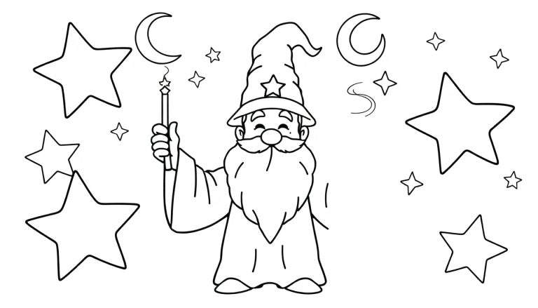 Placa de color de un mago sonriente con su varita mágica, rodeado de estrellas brillantes y una luna creciente.