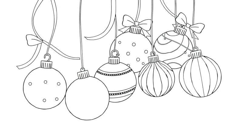 Placa de color con adornos navideños, bolas de colores y cintas festivas para colorear.