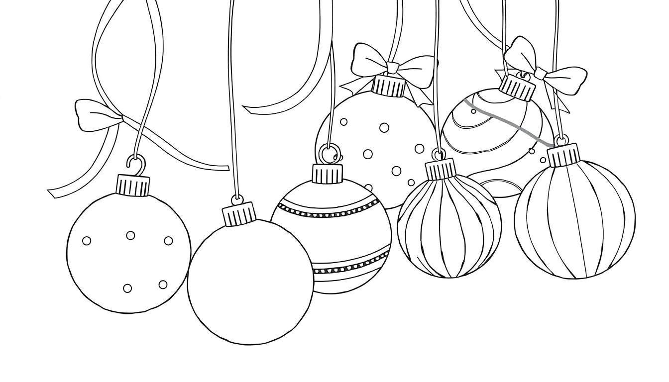 Placa de color con adornos navideños, bolas de colores y cintas festivas para colorear.