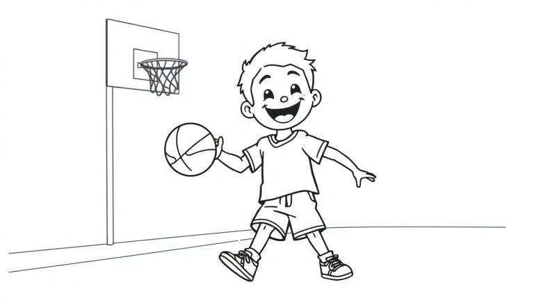 Una placa de color de un niño sonriente jugando al baloncesto.