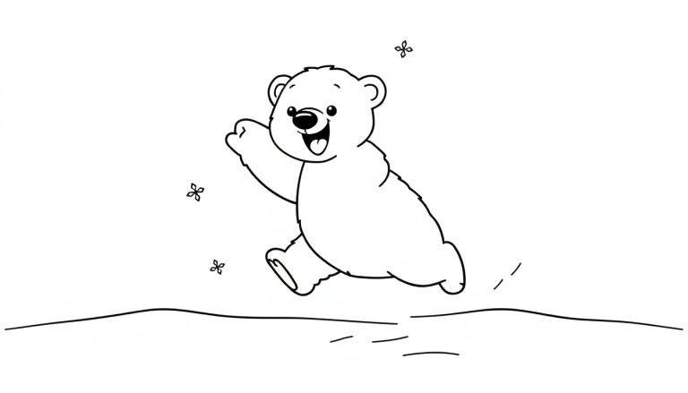 Placa de color de un oso de peluche sonriente saltando.