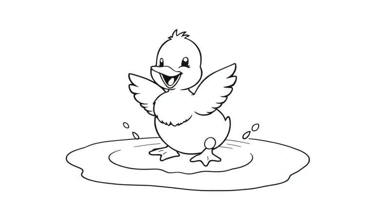Placa de color de un patito feliz jugando en un charco de agua.